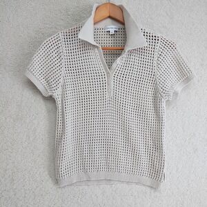 Calvin Klein Jeans Sweater Womens L Open Weave Polo Short Sleeve Cotton Cream